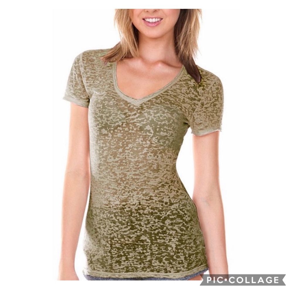 Army Green Burnout SS V-Neck Tee, M